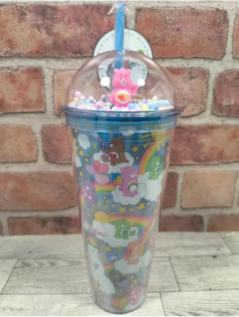 Carebears 24 OZ Travel Tumbler Cup with Dome Lid & Straw Moving Foam Balls NWT